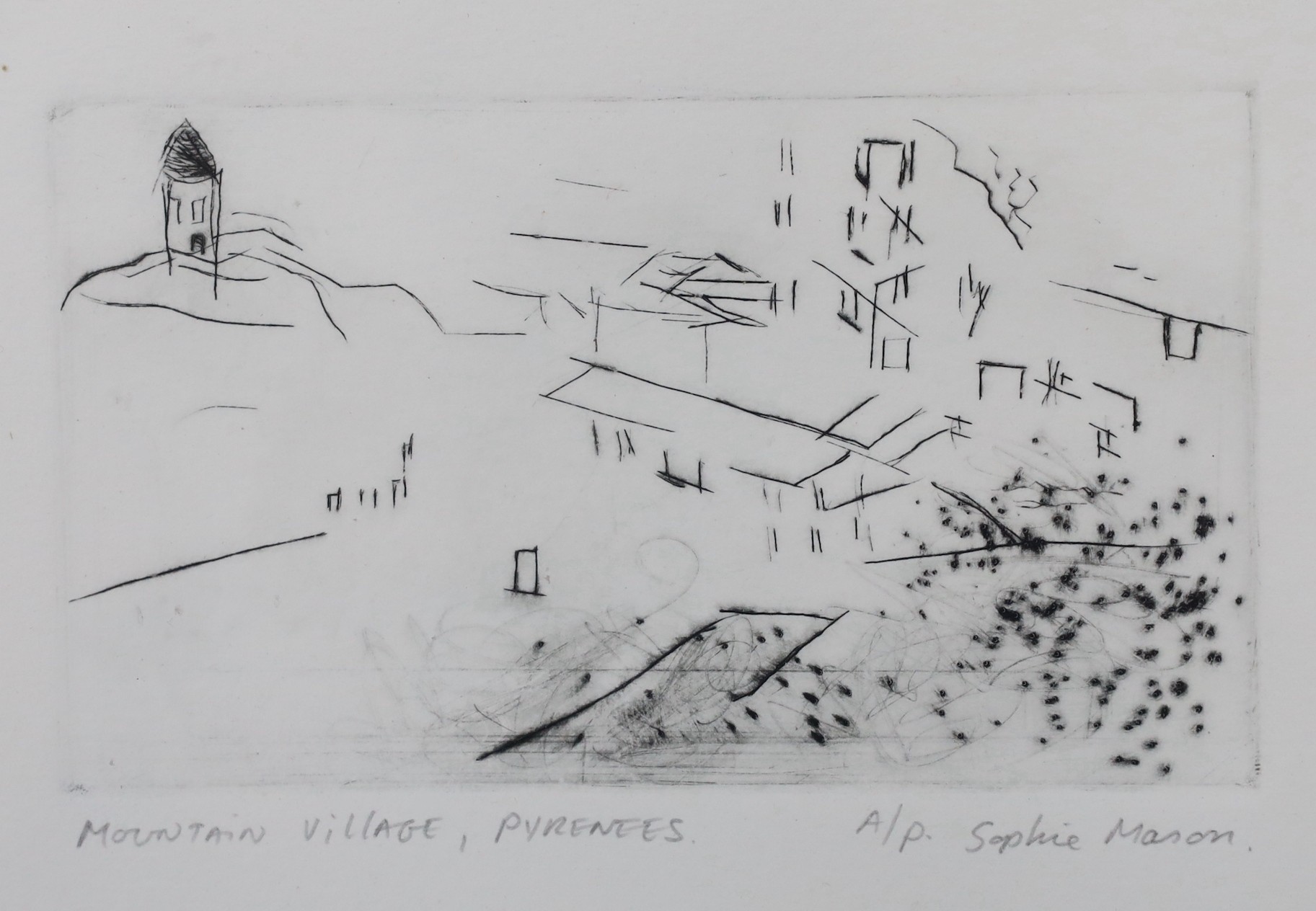 Sophie Mason, contemporary, artist proof etching, Mountain village, Pyrenees, signed and titled in pencil, 8 x 14cm
